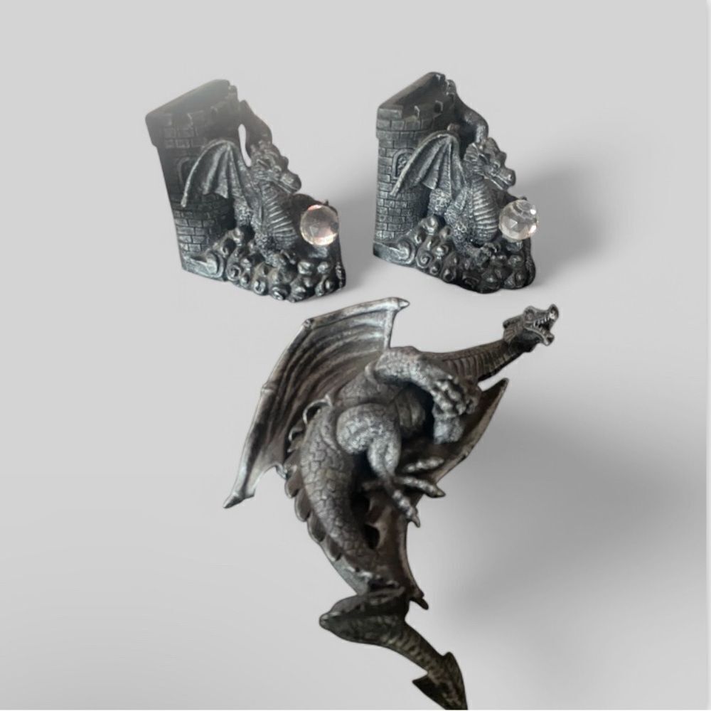 VTG Dragon bookends crystal globes and wall hanging plaque whimsigoth 90s globe